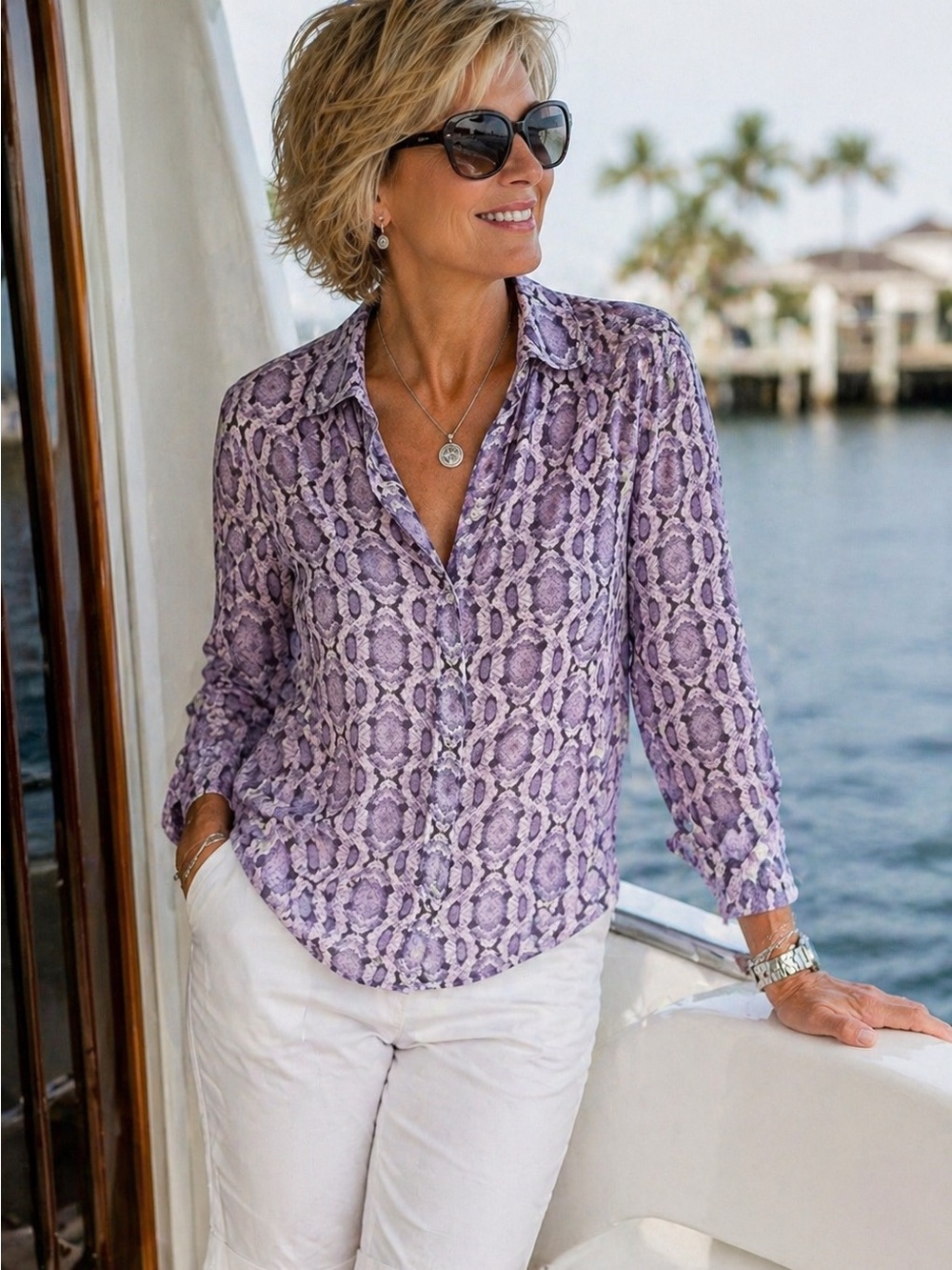 Richard Graham Lavender Snakeskin Print Blouse | Button Front | Size M - Picture 3 of 10